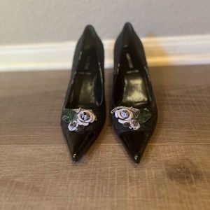 Miu Miu Dark Gray Tweed Heels with Floral Embellishment - Size 37.5 (7.5)